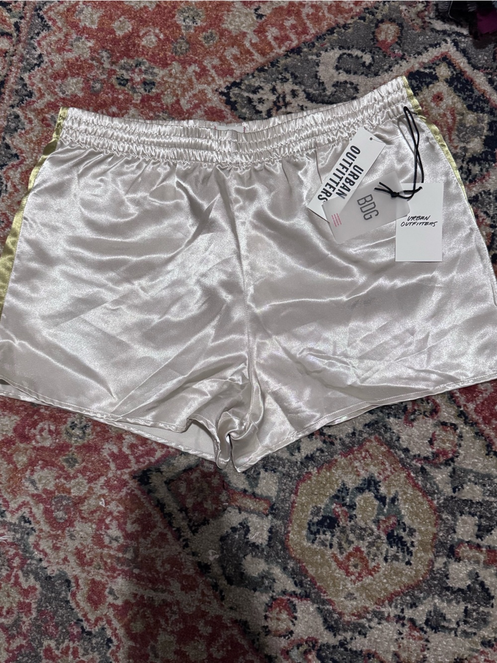 Urban Outfitters Pearl White Satin Shorts with Green Trim